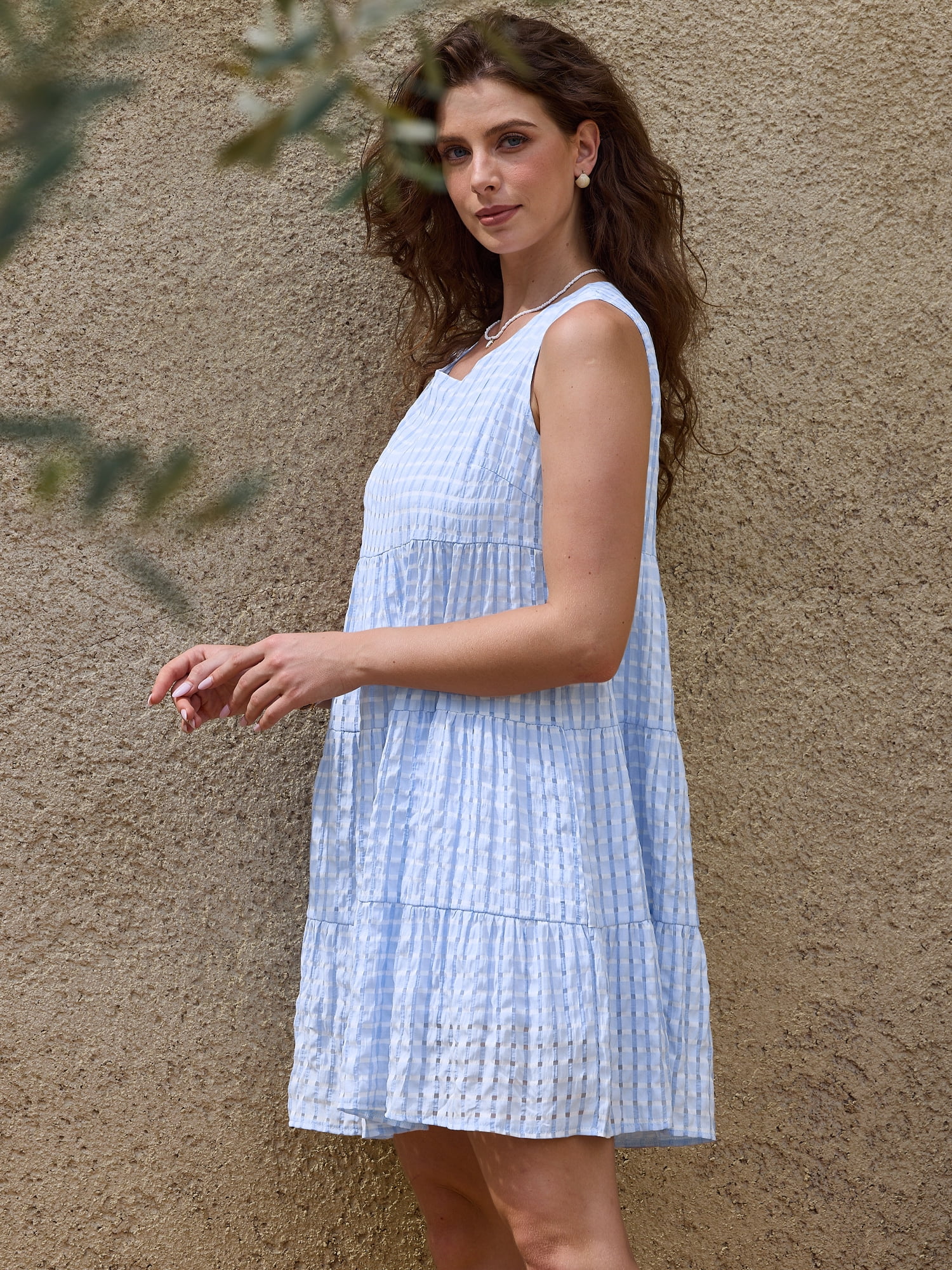 DARING DIVA Women's Gingham Flowy Swing Plaid Tiered Short Dresses S Light Blue