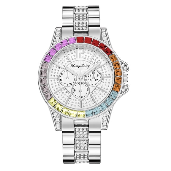 Guodhu Luxury Bling Birthstone Ladies Watch Iced Out Colorful Crystal Rhinestone Diamond Watches for Women Mens Stainless Steel Bracelet Wrist Watches
