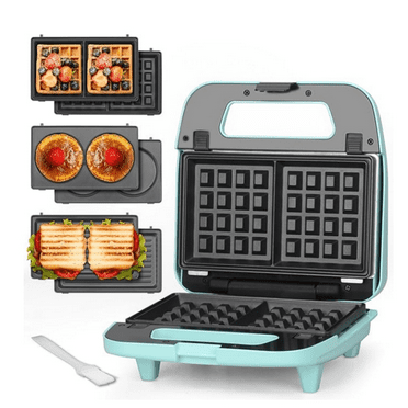 3 in 1 Mini Waffle Maker with Removable Plates, Mini Pancake Maker, Grilled Cheese Maker, Breakfast Sandwich Maker Press, Mini Indoor Grill, Belgian Waffle Maker, Aqua
