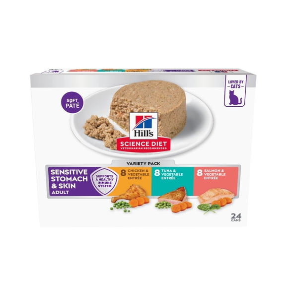 Hill's Science Diet Adult Sensitive Stomach & Skin Chicken, Tuna & Salmon Variety Pack Wet Cat Food, 2.9oz Can 24pk