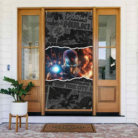 Door Cover Decoration,Iron Man Door Hanging Banner Background for Home Door Holiday Christmas Decoration(35.4"x72.8")