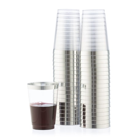 14 OZ Silver Plastic Cups 60 Pack Clear Plastic Tumblers-Cups with Silver Rim Disposable Wedding, Party Cups - Posh Setting