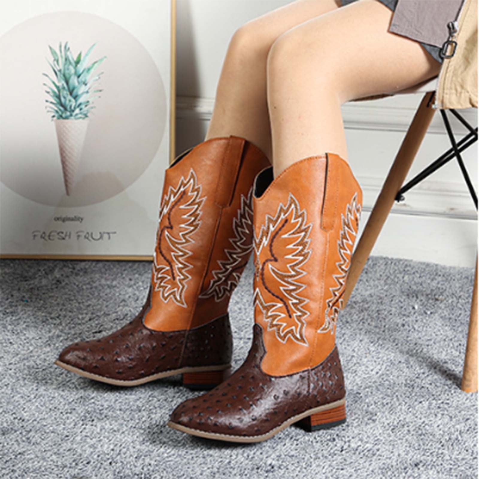 Ladies Womens Middle Block Heel Round Toe Western Cowboy Ankle Boots Shoes Size 