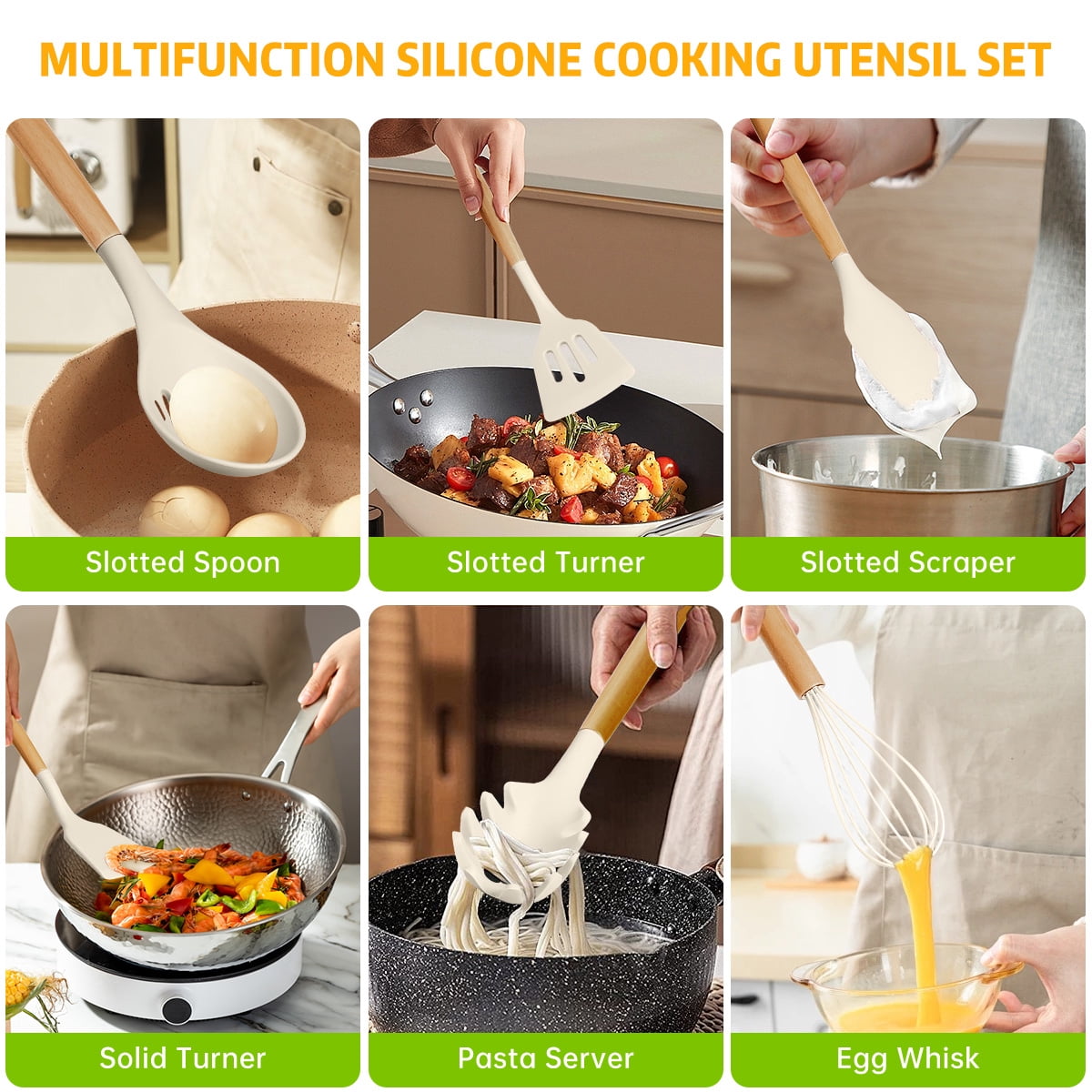 GPED 29 Pcs Silicone Kitchen Utensil Set, Cooking Utensils Set with Wooden Handle, Food Grade Silicone Spatula Set, BPA-Free, 446°F Heat Resistant Kitchen Gadgets Tools Set, White