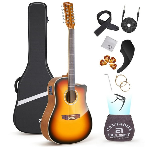 Guitarra eléctrica acústica ALLSET de 12 cuerdas con accesorios