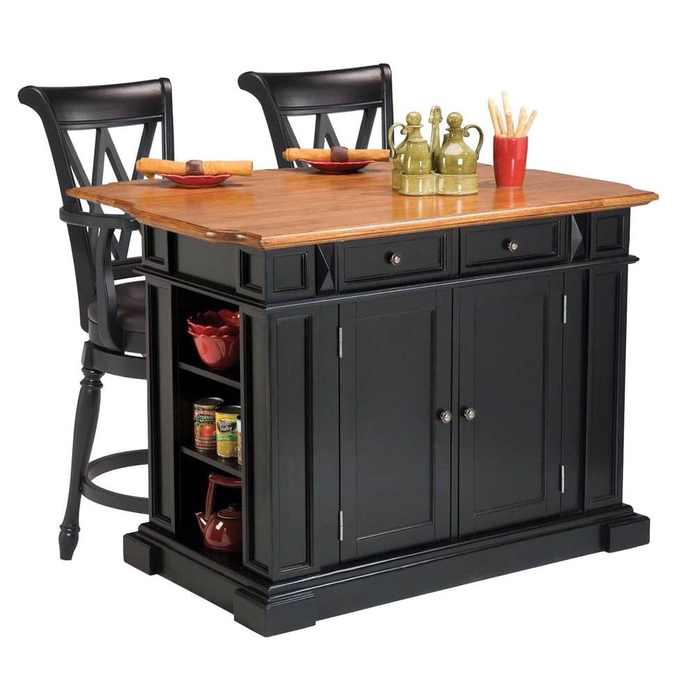Kitchen Island in Black and Distressed Oak Finish and Two Deluxe Bar Stools in Black Finish 
