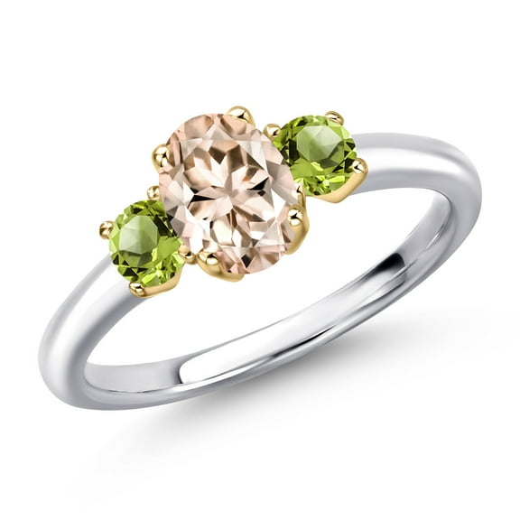 Gem Stone King 10K Two Tone Gold Peach Morganite and Green Peridot Engagement Ring for Women | 1.06 Cttw | Oval 7X5MM | Gemstone October Birthstone | Size 9