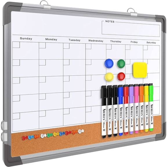 Monthly Calendar Whiteboard for Wall, Dry Erase Board with Cork Board Combo