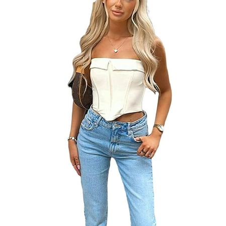 

TOPGOD Women Off Shoulder Corset Crop Tops Chic Skinny Backless Bustier Camisole Clubwear