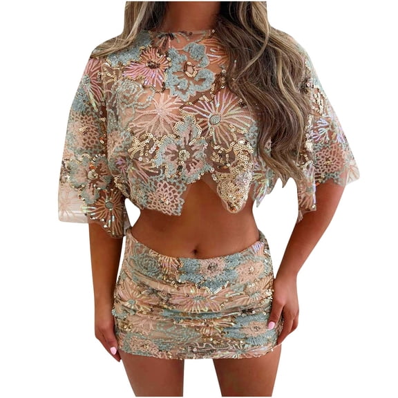 Kilaqueen 2 Piece Sets for Women Mesh Embroidered Sequins Crop Tops and Bodycon Mini Skirts Y2k Cocktail Party Dress Outfits Set