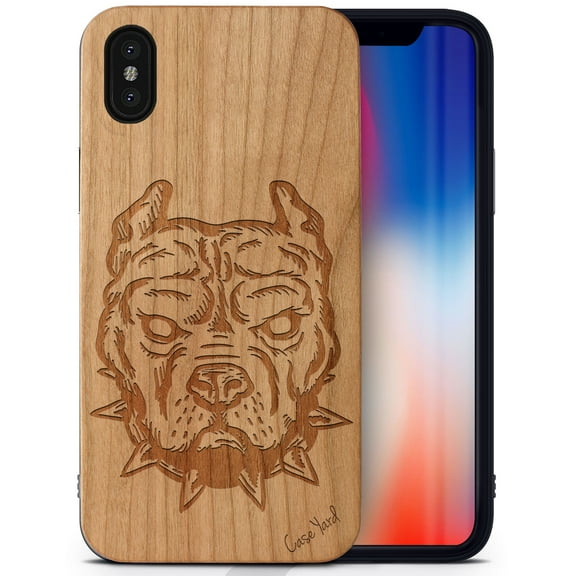 Case Yard Wooden Case Outside Soft TPU Silicone, Slim Fit Shockproof Wood Protective Phone Cover for Girls Boys Men and Women, Supports Wireless Charging Pitbull Design case for iPhone-X