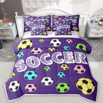Feelyou Cute Football Soccer Bedding Comforter Set 7pcs for Kids, Est Sleep Sports Queen Bedding Sets, Purple Cartoon Theme Queen Sheet Sets, Breathable Home Decor