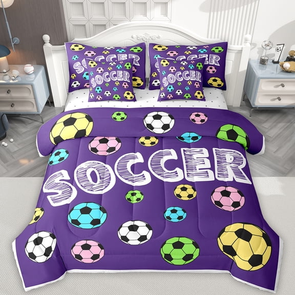 Feelyou Cute Football Soccer Bedding Comforter Set 7 Pieces for Kids, Est Sleep Sports Full Bedding Set, Purple Cartoon Theme Fitted Sheet Flat Sheet, Breathable Home Decor