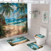 Summer Beach Palm Tree Shower Curtains Set with Non- Rugs Bath Mats Toilet Lid Cover, Beachy Theme Decor Bathroom Decor, Nautical Bathroom Curtain Shower Sets