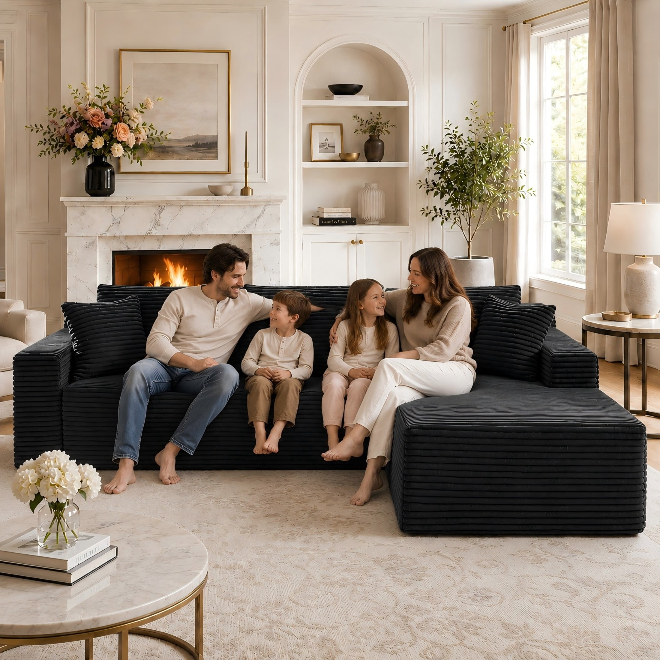 Aukfa 107" Cloud Modular Sectional Couch with Right-Facing Chaise, Corduroy Deep Seat Boneless Sofa for Living Room, Apartment, Black