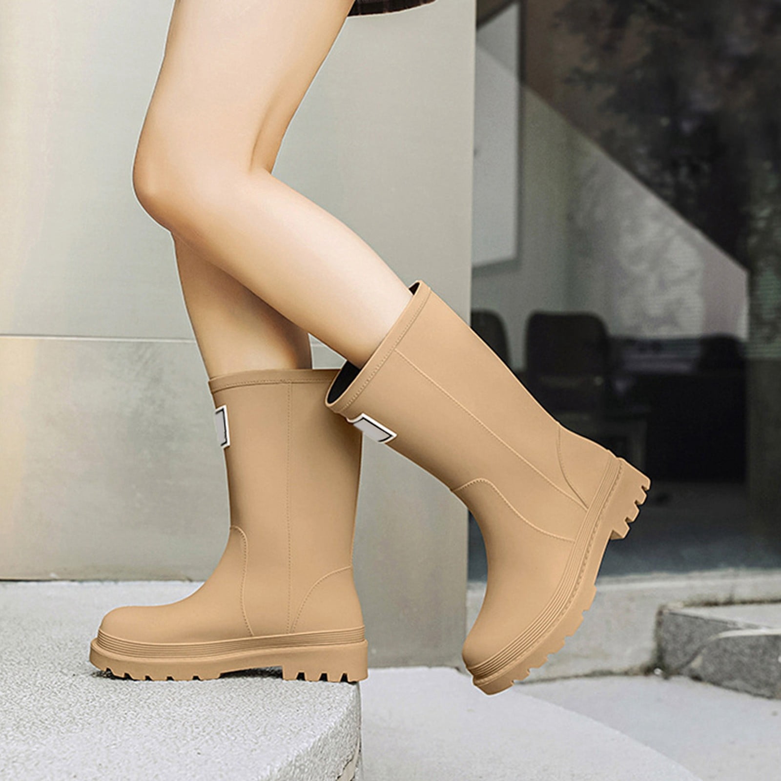 KANG Women's Mid Calf Rain Boots Slip Fashion Rubber Shoes With Thick Sole Rain Boots Collar Gardening Boots Ultra Lightweight Portable Garden Shoes