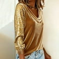 thumbnail image 4 of VISALY Women's Sequin Sleeve Cowl Neck Velvet Blouse Soft Glitter Sparkly Long Sleeve Pullover Slimming Shirts Casual Dressy Shirts Elegant Blouses for Evening Party Fashion Outfits Gold Xl, 4 of 6