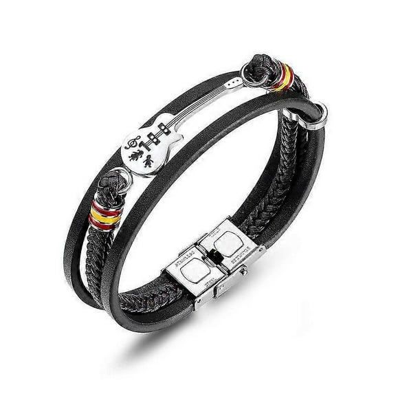 Mens Guitar Bracelet Braided Muti-Layer Leather Bangle Stainless Steel Music Lover Bracelets For Him
