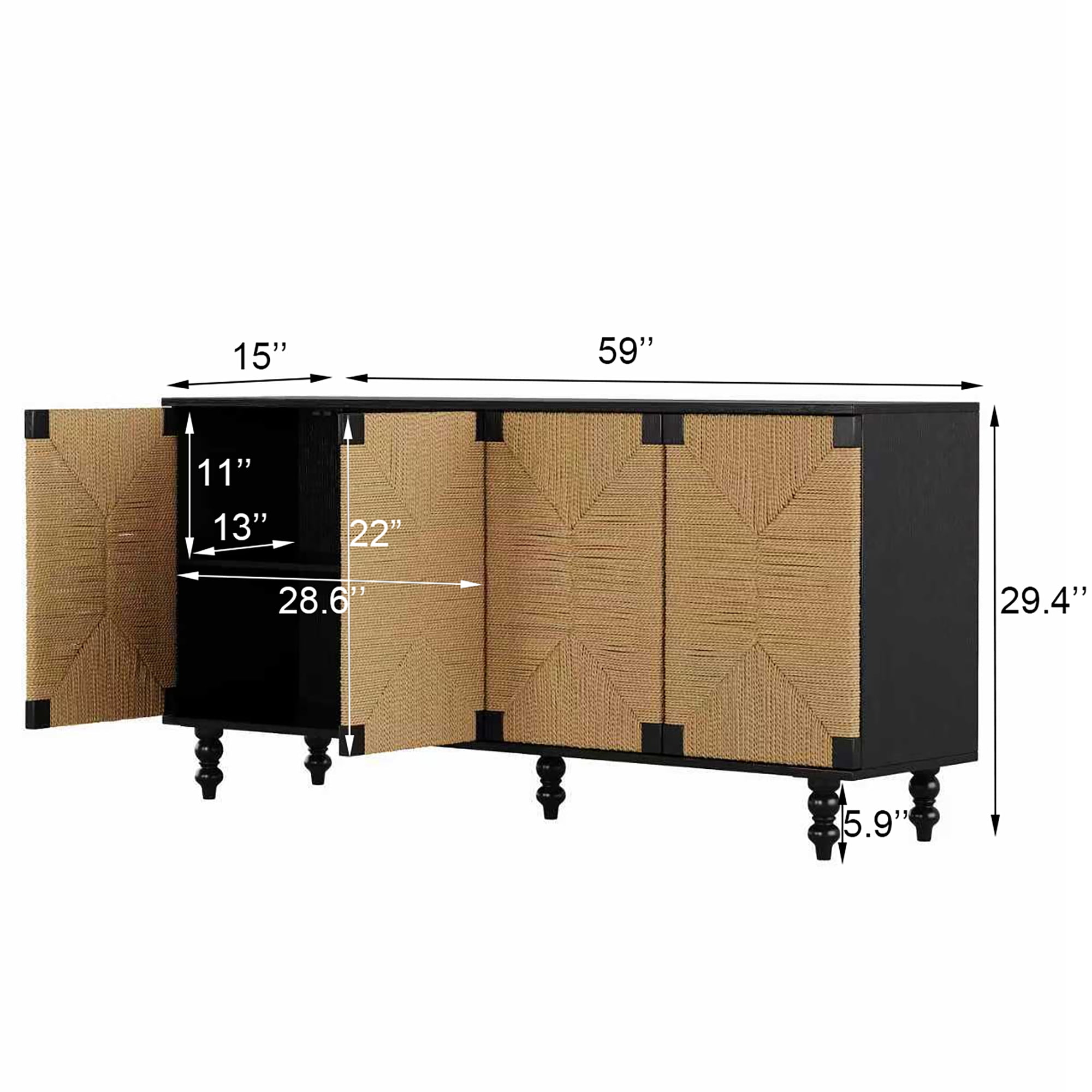 Homy Casa 59 in Boho Sideboard Buffet Cabinet with 4 Handwoven Seagrass Doors Black Natural