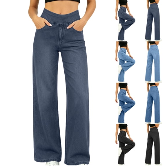 JOANKDMI Wide Leg Jeans for Women High Waist Stretchy Elastic Waisted Straight Leg Comfortable Bottoms Fashion Vintage Casual Classic Versatile Denim Pants with Pockets