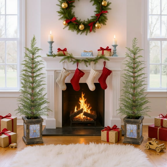 Christopher Knight Home 4FT Pre-Lit Artificial Christmas Tree with Potted Stand, Green, Set of 2