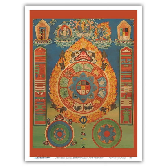 Astrological Mandala of Srid Pa Ho - Protective Talisman - Vintage Tibetan Thangka Buddhist Painting - Tibet, 19th Century - Master Art Print (Unframed) 9in x 12in
