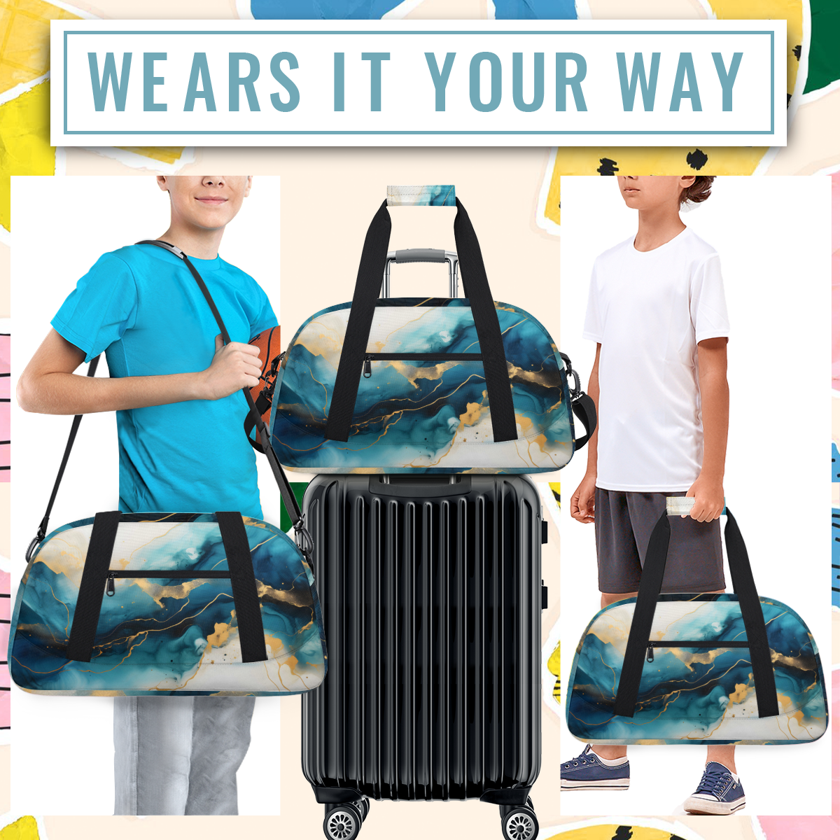 Herdesigns Sports Duffle Bags Travel Duffle Bag Gym Bag Turquoise Abstract Gold And Blue Marble Weekender Travel Bag Waterproof Overnight Bag Carry On Travel Tote Bag Dance Bags