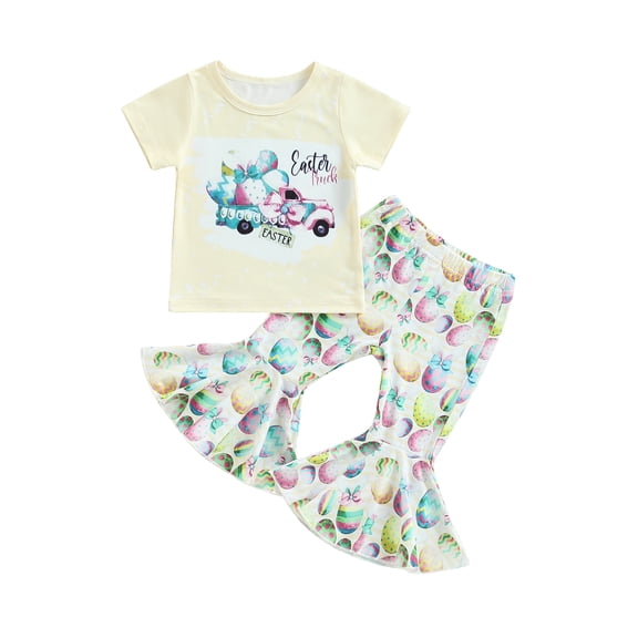 Bagilaanoe 2Pcs Toddler Baby Girl Easter Outfits Letter Print Short Sleeve T-shirt Tops   Flare Trousers 12M 18M 24M 3T 4T 5T Kids Long Pants Set