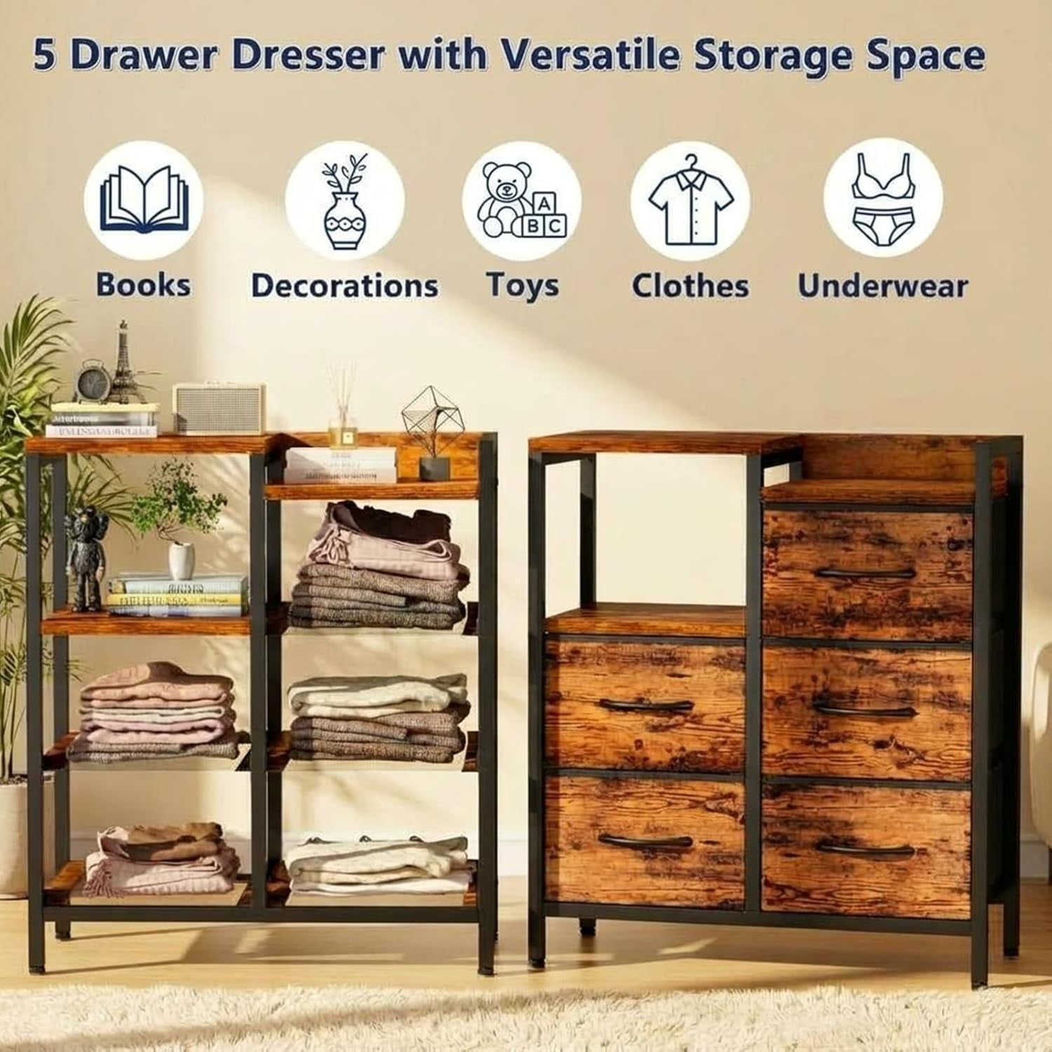 5 Drawer Mobile File Cabinet with Open Storage Shelf, Rolling Printer Stand and Fabric Lateral Filing Cabinet for Home Office, Fits A4 or Letter Size Files, Wood Color