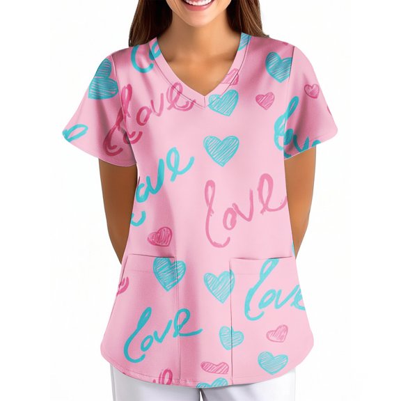 Women's Valentine's Day Scrub Top Cute Love Heart Printed V-Neck Short Sleeve Scrub Top Valentine's Day Cartoon Pattern Scrub Tops with Pockets