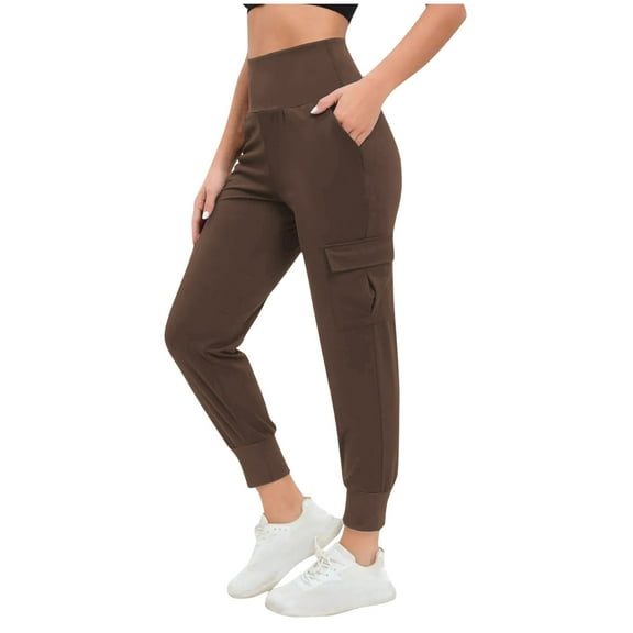 USNSM High Waist Yoga Pants for Women Workout Running Loose Casual Pants Solid Color Elastic Waist Pants With Pockets Khaki L