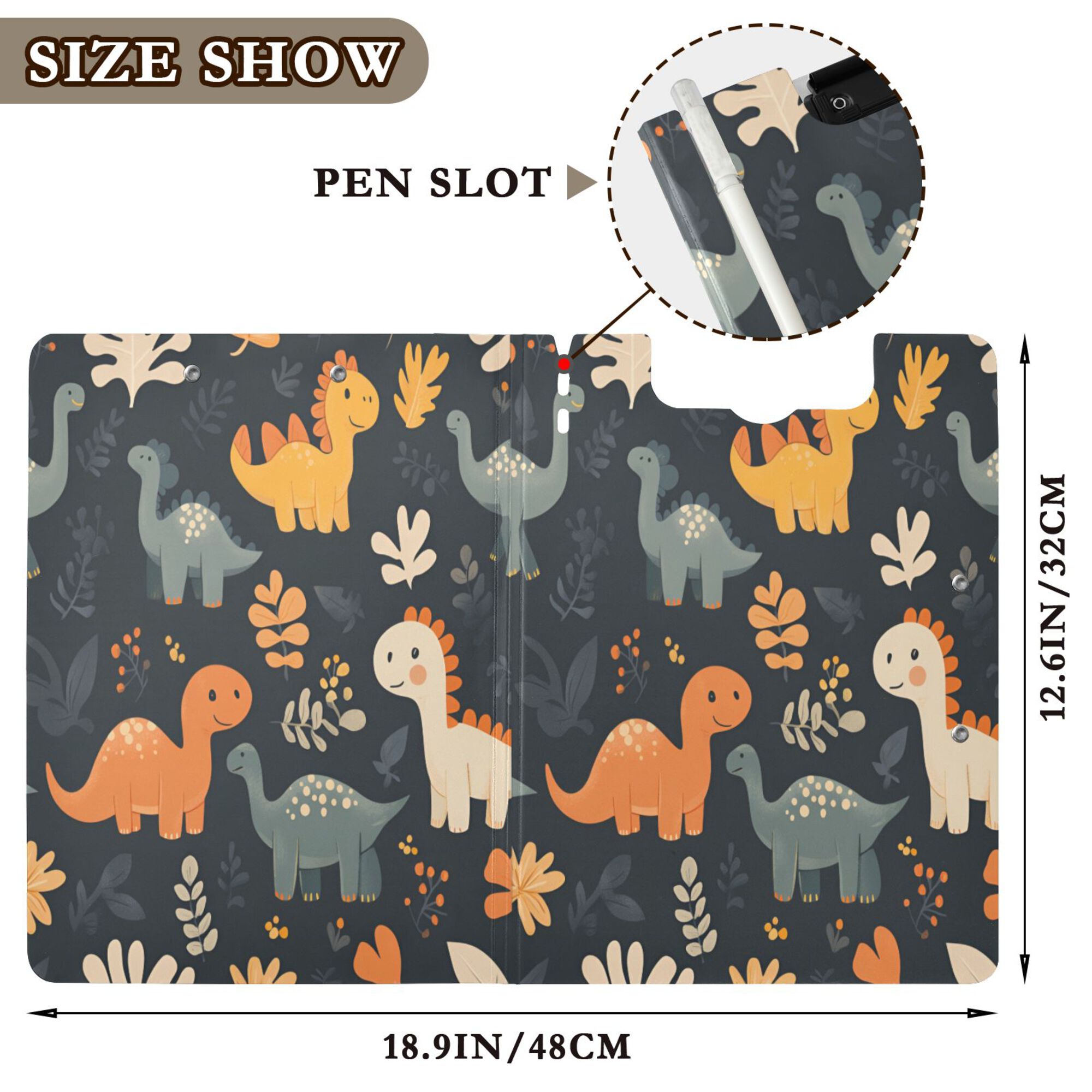 FORMRS A4 Clipboard Folder with Pen Holder Horizontal Foldable School Office Binder, Cartoon Dinosaur