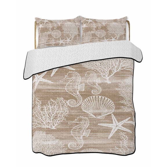 Quilts King Size Bedding Set, Brown Coastal Lightweight Quilted Comforter, Nautical Coral Starfish Shell Seahorse Ocean Reversible Bedspread Coverlet with Pillow Covers for All Season, 96" x 106"