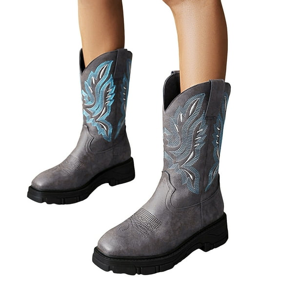 Platform Cowboy Boots for Women Men Winter Fall Vintage Country Embroidered Square Toe Chunky Wide Calf Cowgirl Riding Boots
