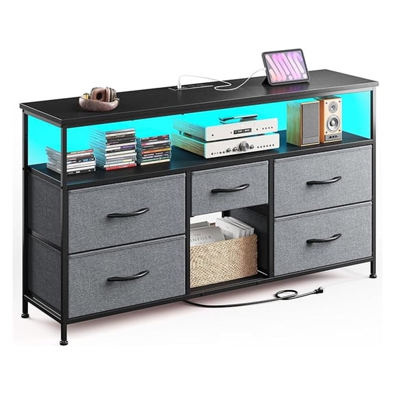 TV Stand Dresser with & Power Outlets, Entertainment Center for 50" Inch TV, 5 Drawers TV Stand for Bedroom Media Console with Shelves for Living Room, Sturdy Metal Frame, Grey