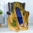 thumbnail image 4 of Yellow and Blue Soft Flannel Fleece Throw Blanket, Traditional Greek House Door with Flowers and Tree Mediterranean Scenery, Cozy Plush for Indoor and Outdoor Use, 60" x 80", Multicolor, by Ambesonne, 4 of 5