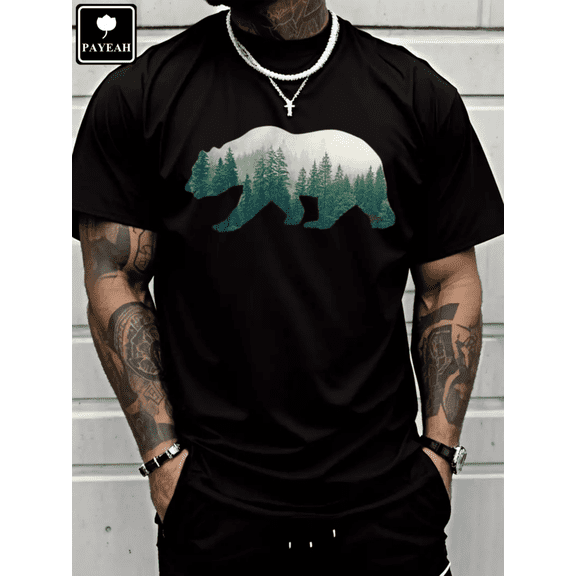 Men's Black Graphic T-Shirt Bear Forest Nature Print Short Sleeve Crew Neck Casual Tee