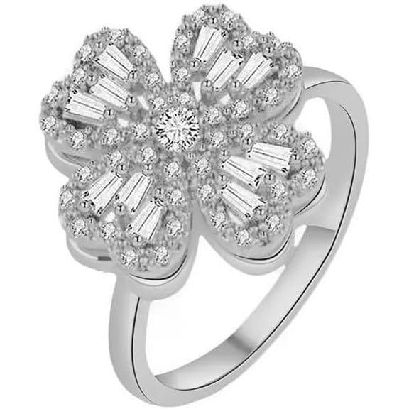 Elegant Crystal Rotating Clover Leaf Statement Ring for Women Stainless Steel Fashion Adjustable Love Hearted Flower Open Wrap Finger Rings Comfort Fit Lucky Anniversary Jewelry