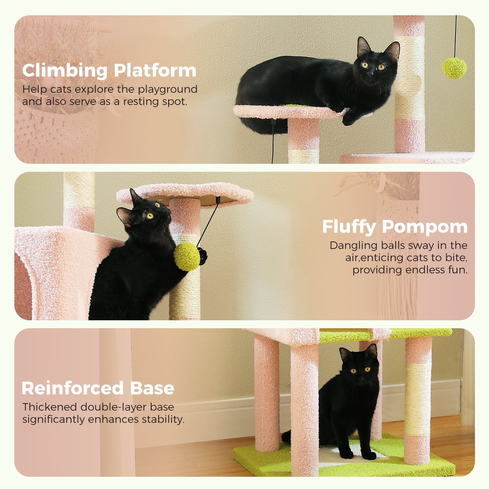 Kadyn 62" Modern Cat Tree Tower for Indoor Cats with Scratching Posts, Cozy Cat Condo and Top Perch, Dangling Ball for Small Medium, Pink
