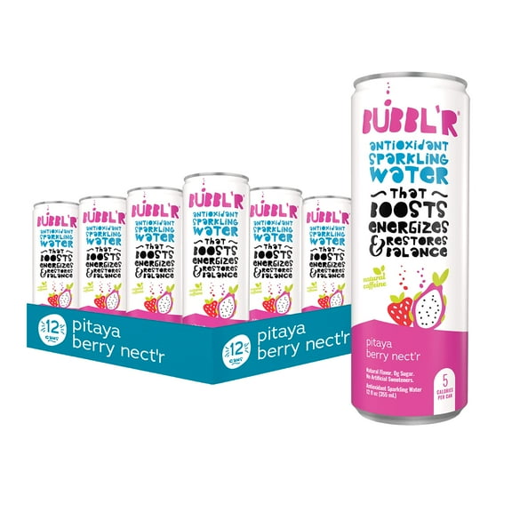 BUBBL'R pitaya berry nect'r, Antioxidant Sparkling Water with Natural Caffeine, 0g Sugar, Gluten Free, All Natural Flavors, 12 Fl Oz Cans, 12 Count