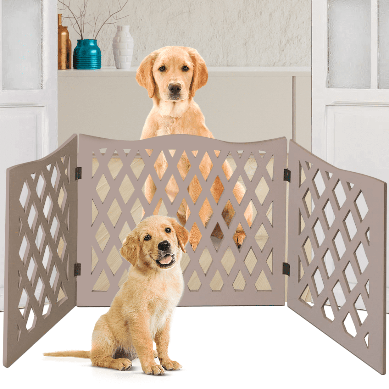 Bundaloo Freestanding Dog Gate Expandable Decorative Wooden Fence for