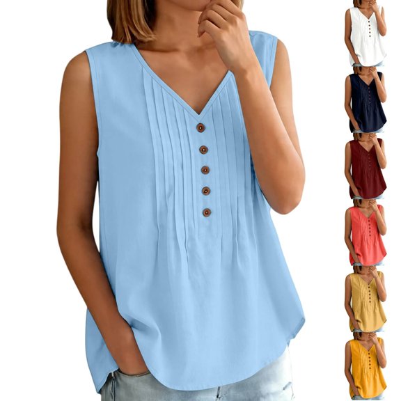Women's Loose Fit Tank Tops Summer Casual Sleeveless Buttons Up Tunics Flowy Pleated Blouses by Yigetop Khaki L