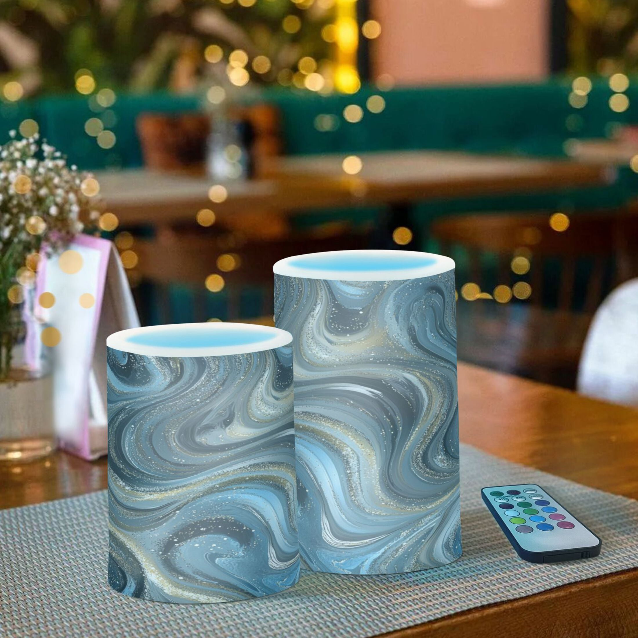 2 PCS Flameless Candles with Remote Timer LED Battery Operated Flickering Candle Light for Wedding Table Home Decoration Gifts Swirling Metal and Marble Pattern
