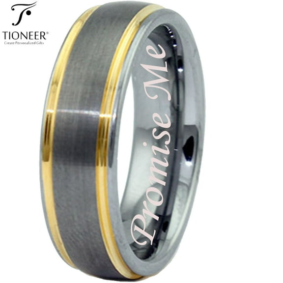 Tioneer Tungsten Carbide Dual Groove Gold Plated Edge Men Women Wedding Band Ring7mmPromise Me Engraved