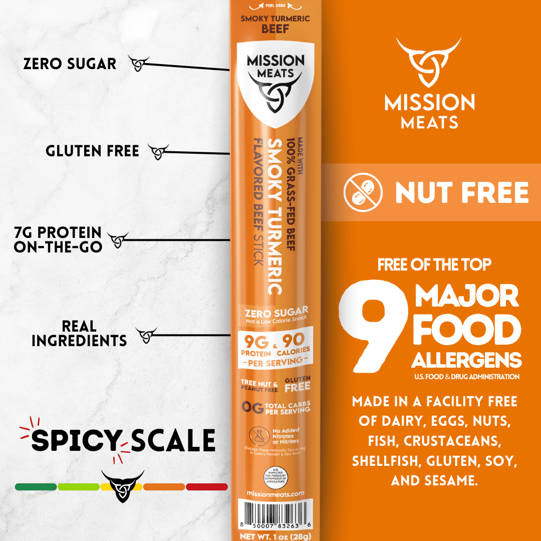 Mission Meats Beef Sticks – 100% Grass Fed & Pasture Raised, Sugar Free, Individually Wrapped Healthy Snacks, Whole 30 & Paleo Friendly, Smoky Turmeric 1oz (Pack of 12)