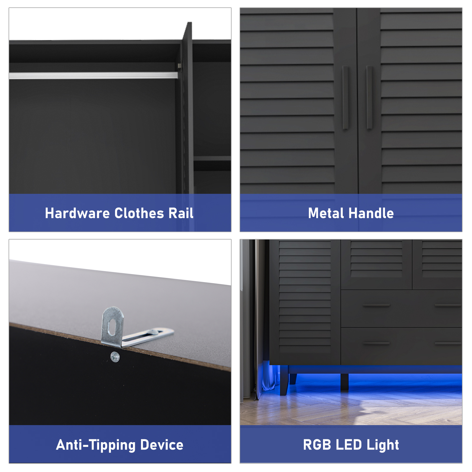 Blotout 70" Armoire Wardrobe Closet with Mirror & LED Lights, 4 Door Wardrobe Armoire with 2 Large Drawers, LED Wood Armoire Storage with Hanging Rods and Multi-Layer Shelves(Black)