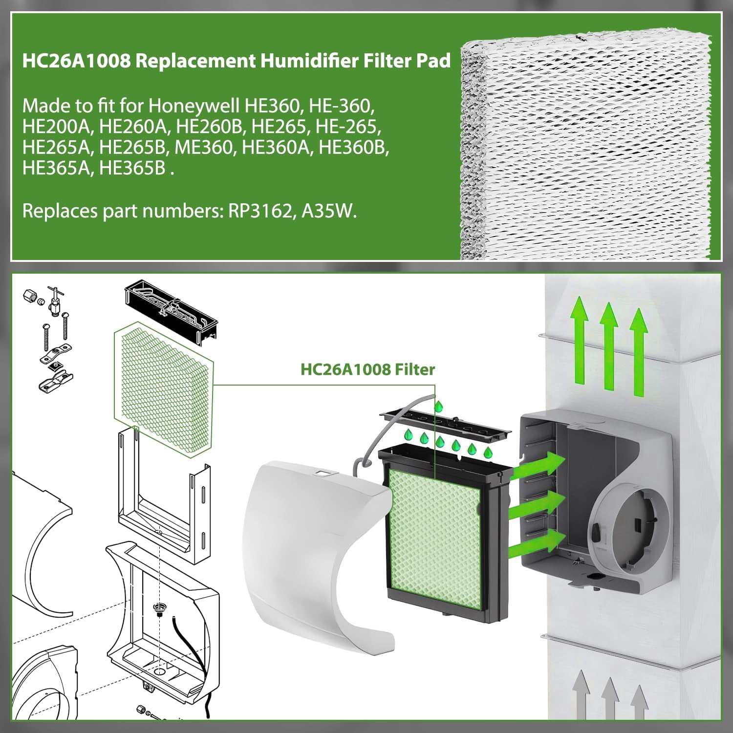 JJEAN-A35PR Humidifier Water Pad Filter Replacement for Aprilaire Honeywell A35 35, 10" x 13" x 1-5/8"