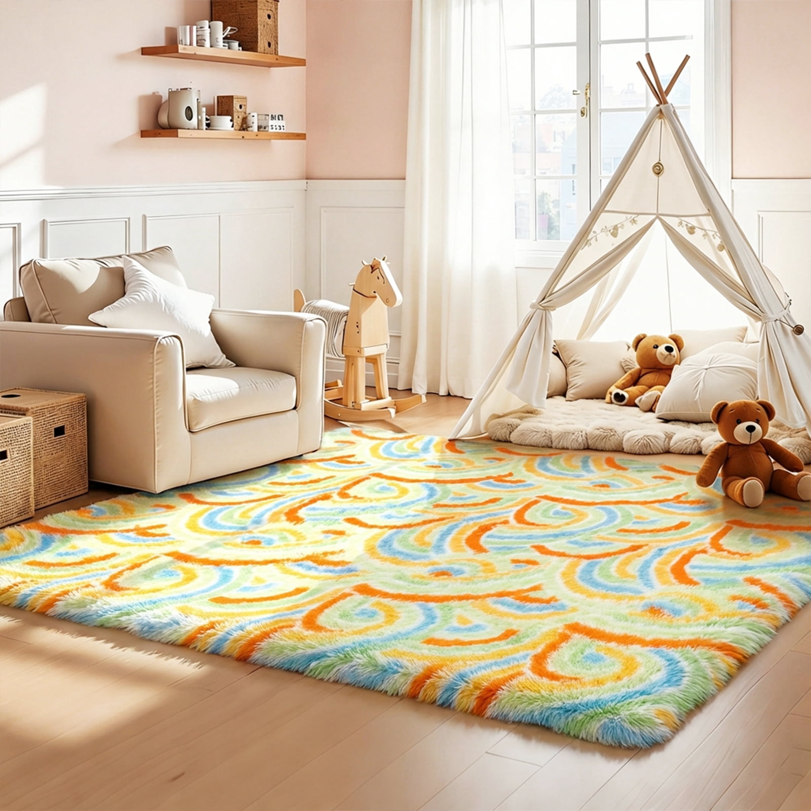 MeyJey 4'x 6' Shag Area Rug, Soft Fluffy Area Rugs for Kids Room Living Room Bedroom Decor Carpet, Green