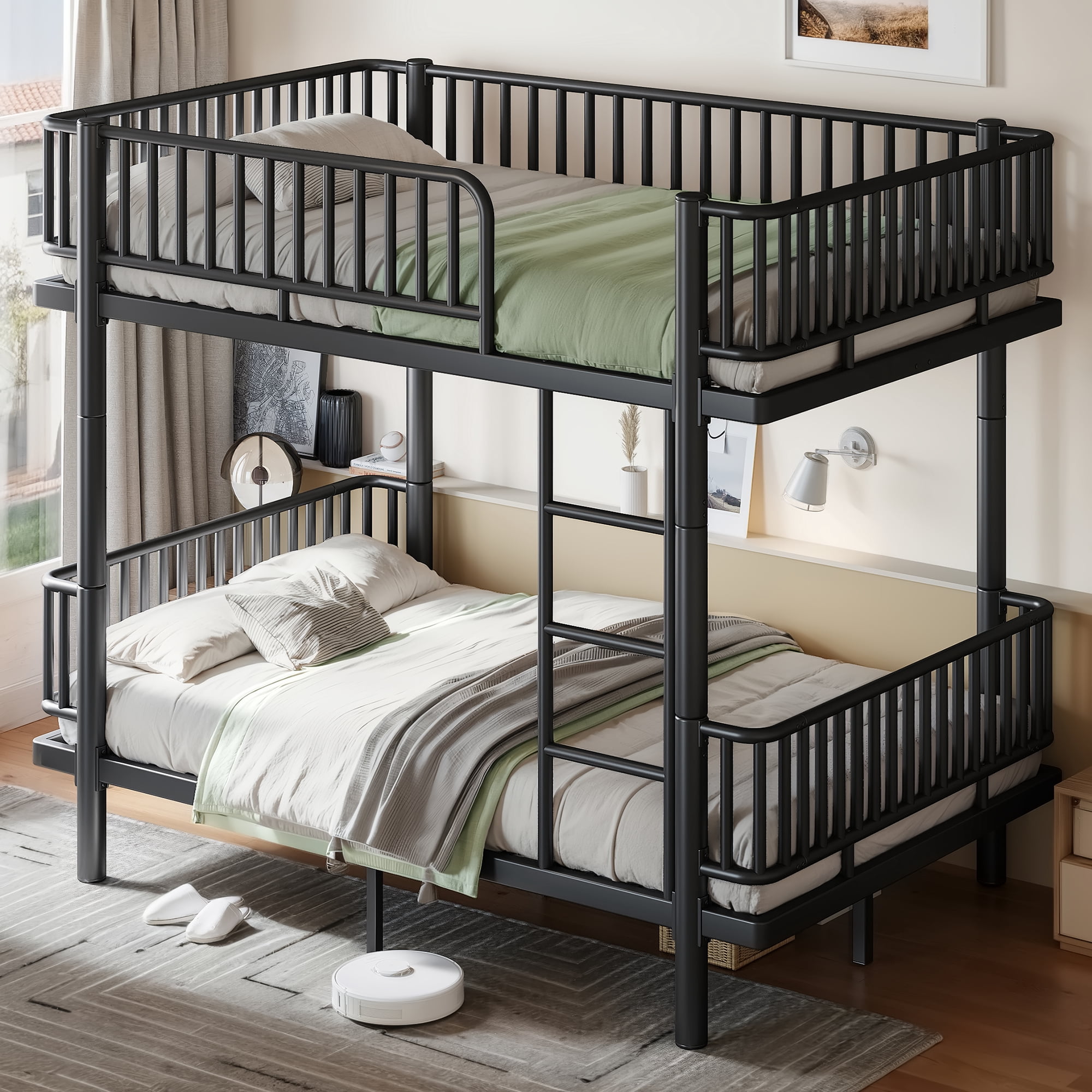 Leumius Full over Full Bunk Bed Frame with Ladders & Guardrails, Metal Bunk Bed Frame with Upgraded Safety Round-Pipe Design, Can Transformed into 2 Platform Bed for Teens Adults Black