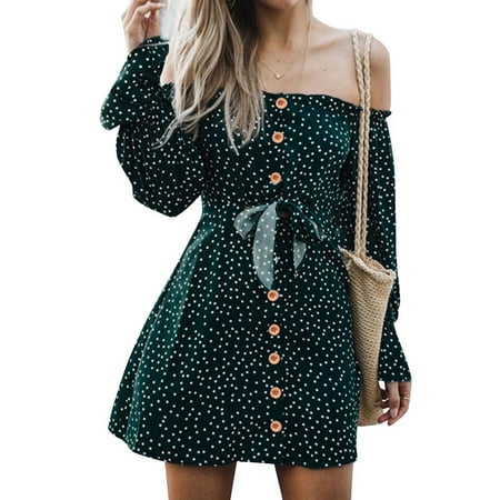 Lace Shoulder Button - 711ONLINESTORE Women Long Sleeve Off Shoulder Button Down Lace Up Dress